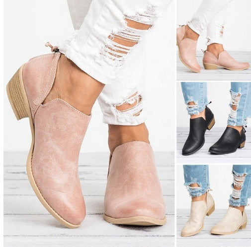 Pink suede-look ankle boots with side zipper and block heel