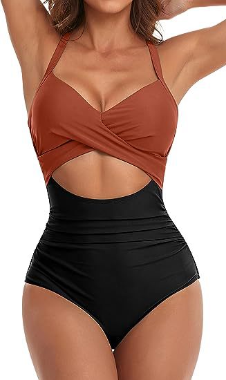 Women's cross one-piece swimsuit in brown top and black bottom with waist cutout