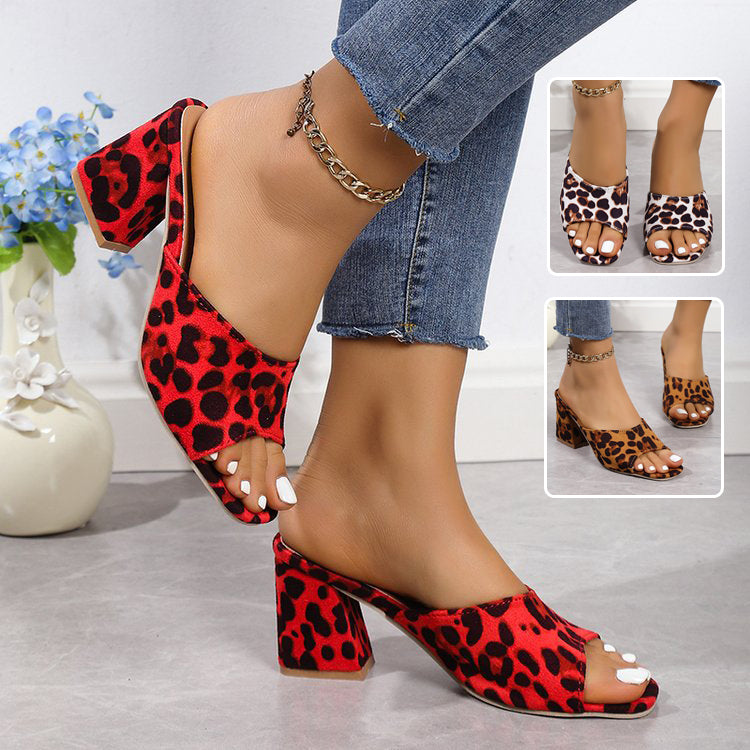 Leopard print heeled sandals with square toe, red upper, block heel, ankle chain