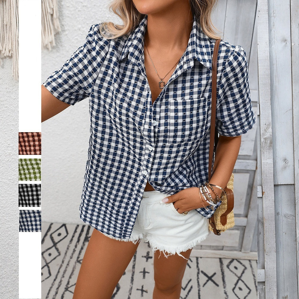 Blue plaid relaxed pocket button-up shirt, short sleeves and chest pocket