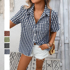 Blue plaid relaxed pocket button-up shirt, short sleeves and chest pocket