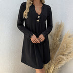 Women's Fashionable New Button Flat Neck Lace Border Pleated Dress