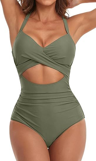 Women's cross one-piece swimsuit in olive green with waist cutout