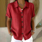 Button-down short-sleeve shirt in red with button front and point collar