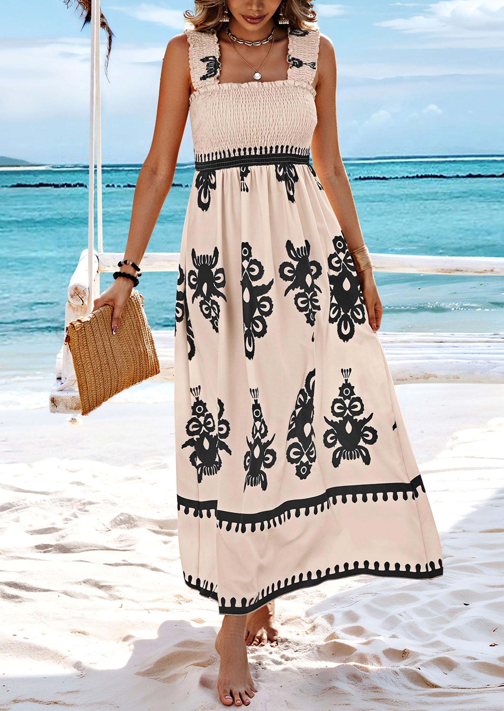 Women’s sleeveless square-neck printed summer dress with black border hem