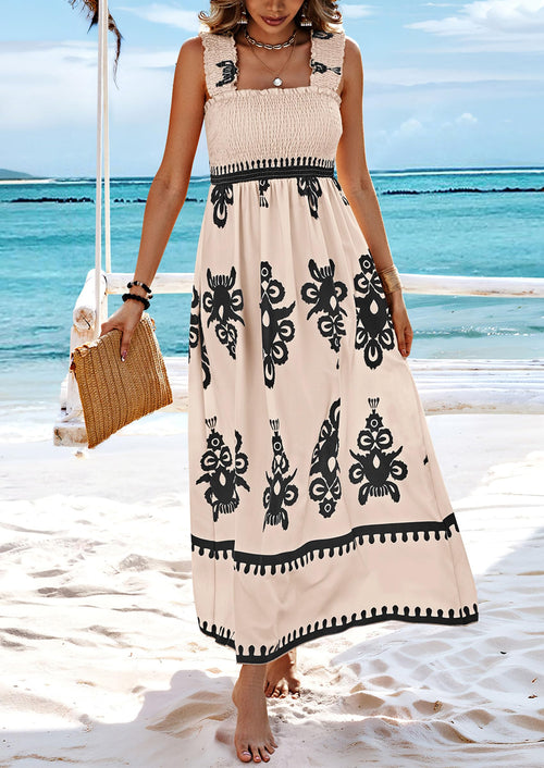 Women’s sleeveless square-neck printed summer dress with black border hem