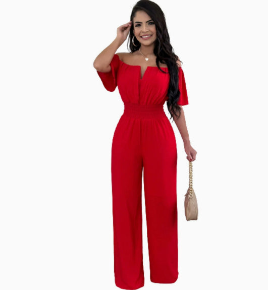 Solid red off-neck loose jumpsuit with elastic waist and wide straight legs