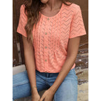 Women's Summer Pleated Button Short Sleeve T-Shirt Summer Crew Neck Solid Color Casual Top