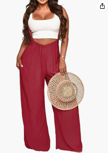 Women’s sleeveless jumpsuit in burgundy with wide legs and elastic waist, cropped top