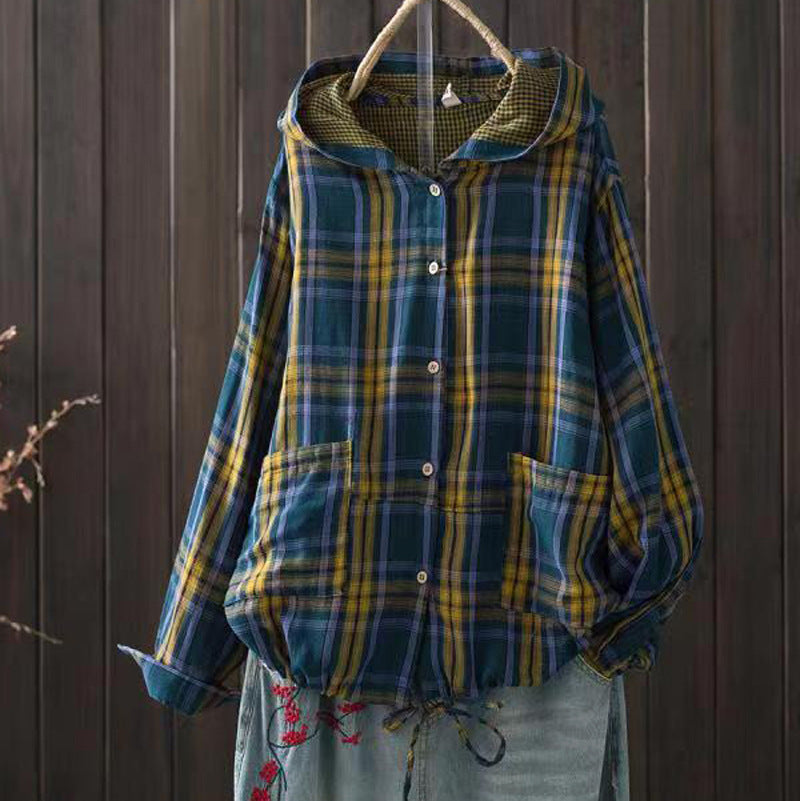 Blue plaid hooded overshirt with button front and front pocket
