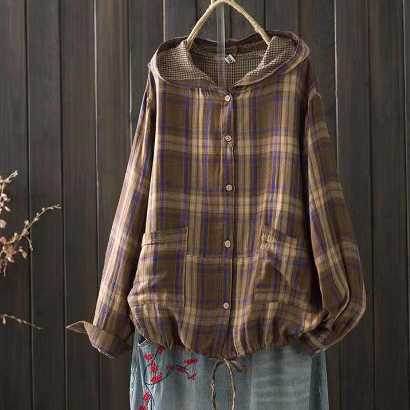 Tan and brown plaid hooded overshirt with button front and front pocket