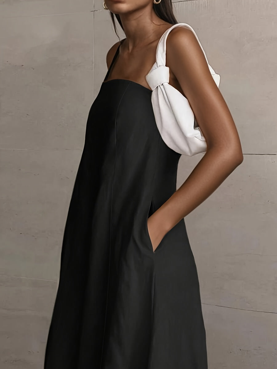 Strapless linen maxi dress in dark tone with side drape and fitted bodice