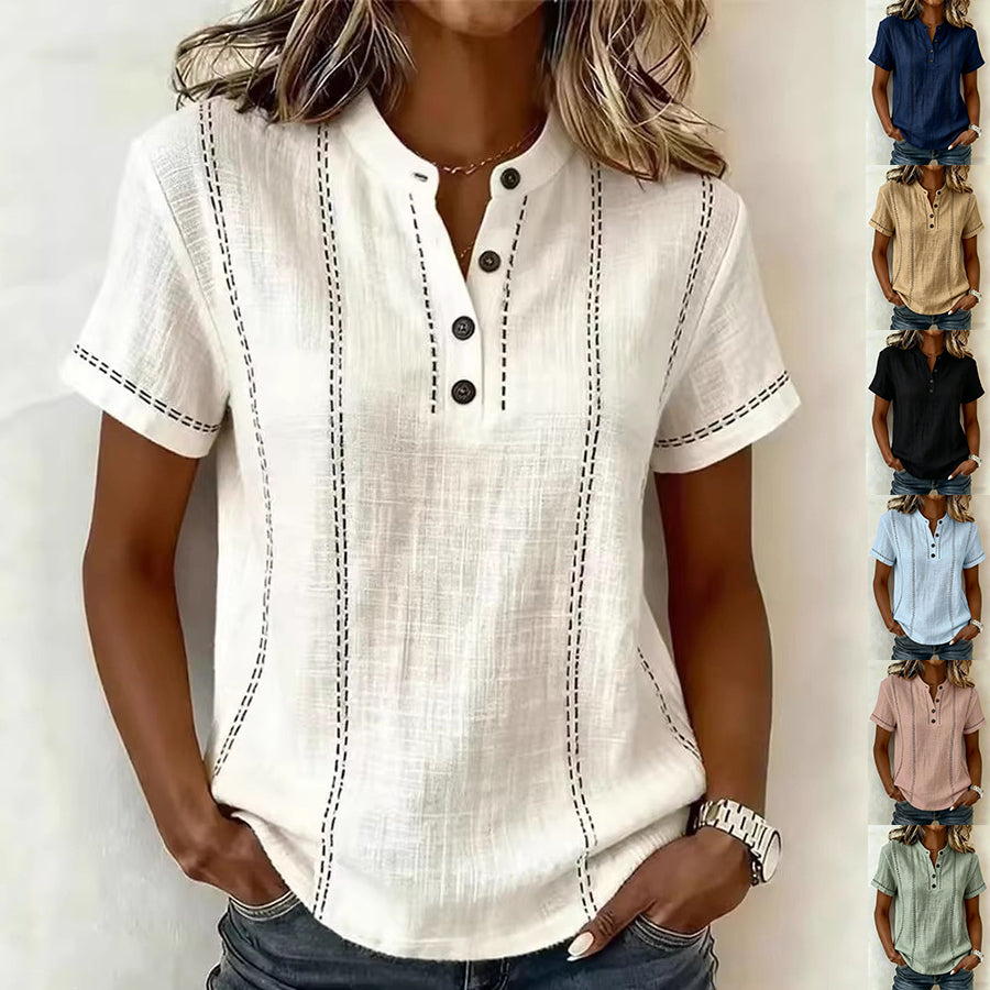 Summer Striped Short-Sleeve Shirts Casual Stand-Collar V-neck Button Blouse Womens Clothing(New)