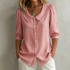 Red-and-white striped V-neck button top with pointed collar and cuffed mid-sleeves