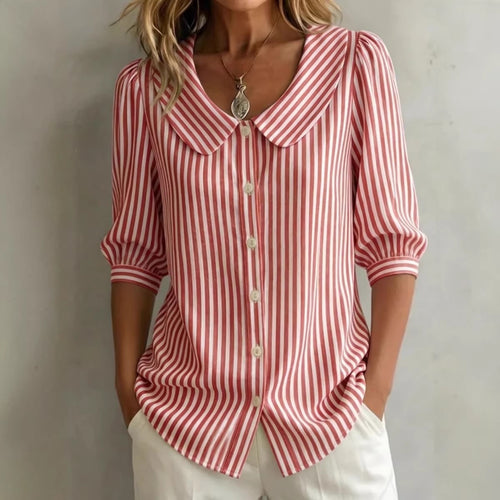 Red-and-white striped V-neck button top with pointed collar and cuffed mid-sleeves