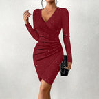 Elegant Women's Solid Color V-Neck Bodycon Dress - Long Sleeve Slim Fit Party Dress For Fall&Spring