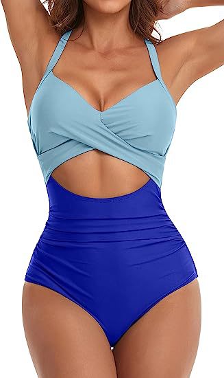 Light blue and royal blue one-piece swimsuit with cross V neckline and waist cutout