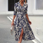 Women's Elegant V-Neck Belted Slit Dress With Leopard Print & Button Details Comfortable Spring & Fall Blend