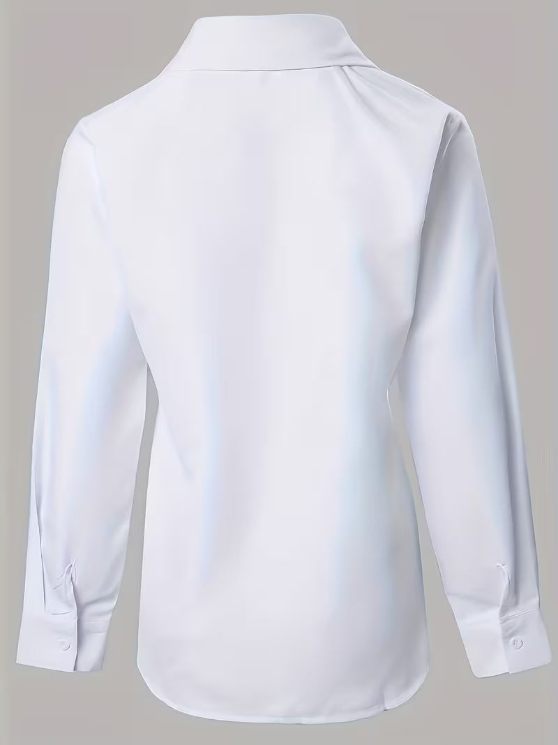 White plus size long-sleeve button-up shirt, back view, clean yoke