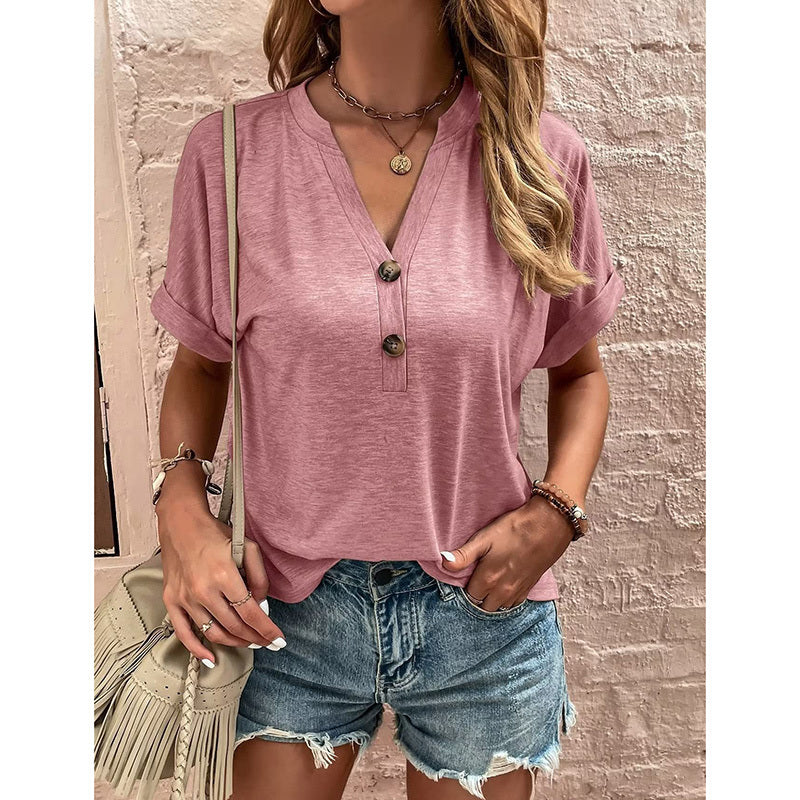 Womens Summer Shirts Short Sleeve Button Down V Neck Business Casual Tunic Tops