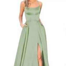 Light green sleeveless maxi dress with square neckline and front slit