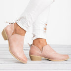 Pink suede-look retro ankle boots with side zipper and block heel