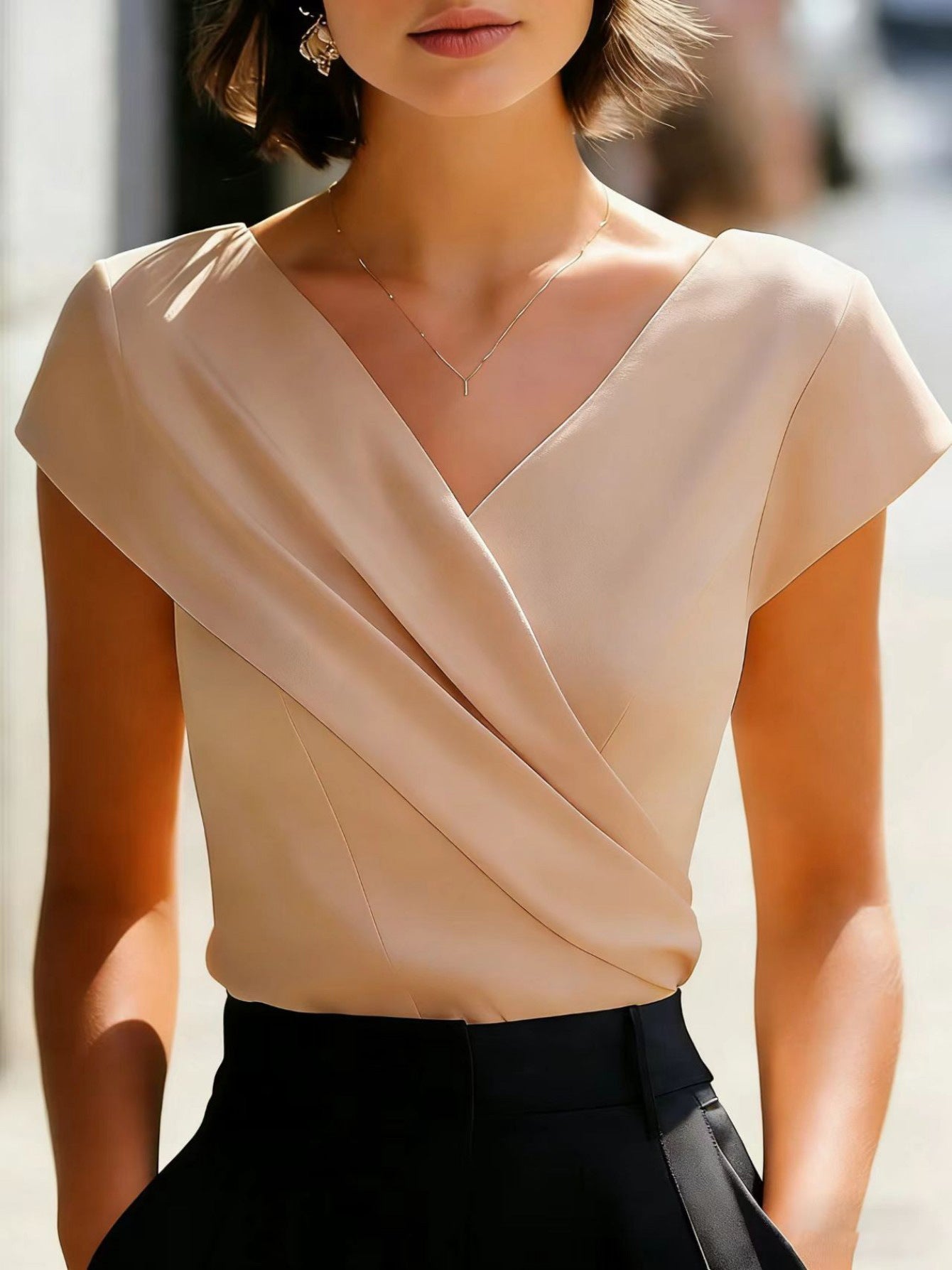 Beige V-neck slim-fit T-shirt with short sleeves, crossed wrap-style front