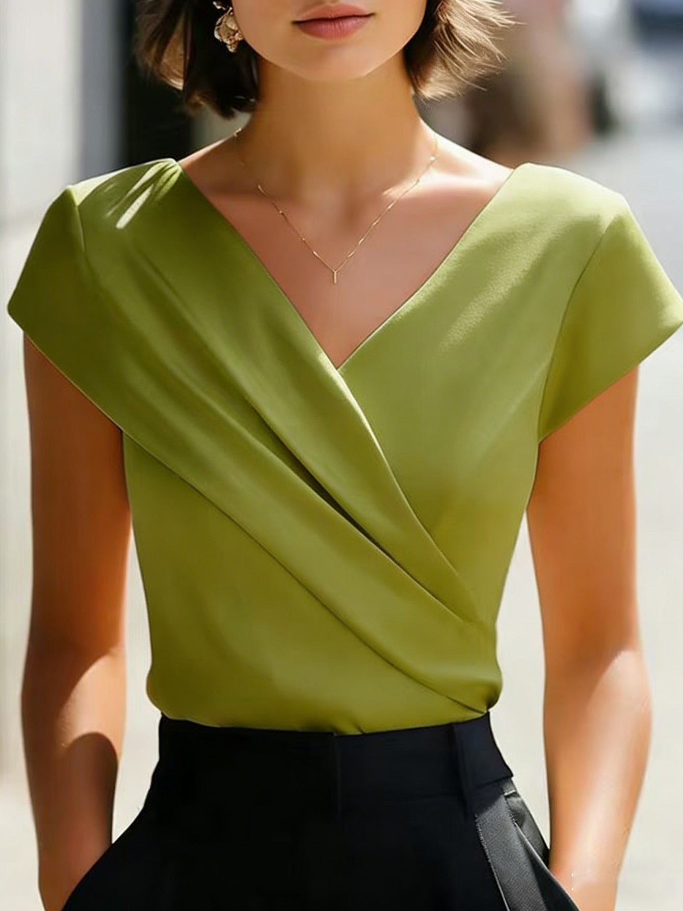 Green slim-fit V-neck t-shirt with short sleeves and diagonal wrap front