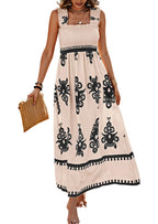 Women’s sleeveless square-neck printed summer dress with black damask pattern