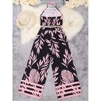 Women's 2 Piece Outfits Plants Graphic Print Crop Halter Top And Wide Leg Pants Set