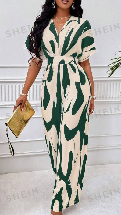 Batwing-sleeve V-neck jumpsuit in green and white abstract print, waist tie