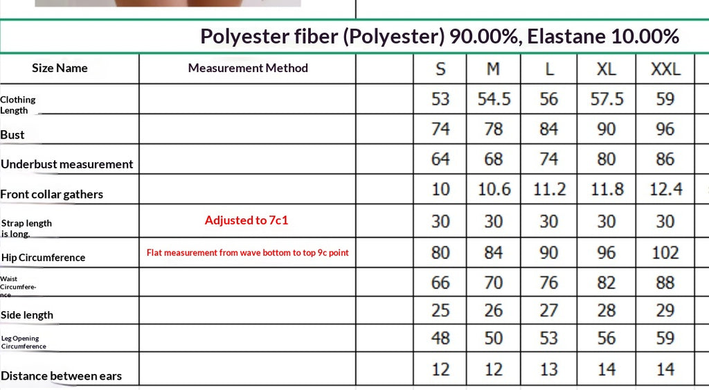 Swimsuit size chart: polyester/elastane blend, S–XXL measurements in cm