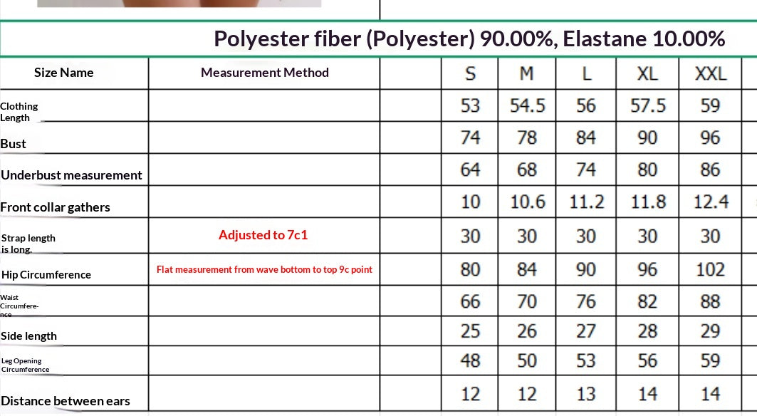 Swimsuit size chart: polyester/elastane blend, S–XXL measurements in cm
