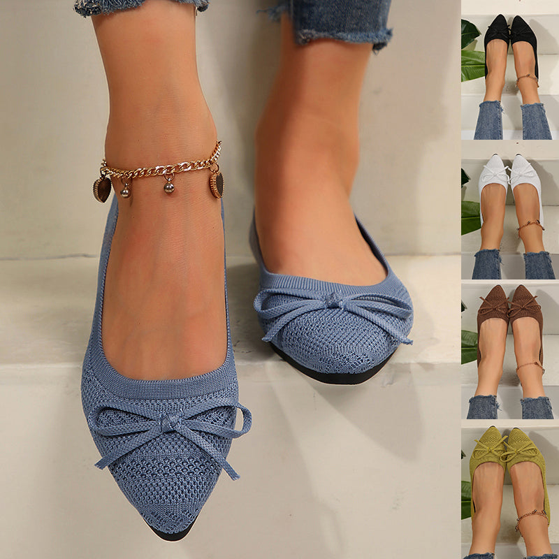 Blue knit pointed-toe loafers with bow and gold beaded ankle chain
