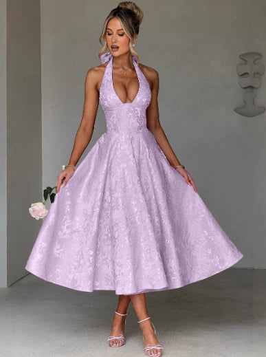 Light purple V-neck halter sleeveless jacquard long dress with lace-up waist