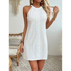 Women's Elegant Halter Neck Sleeveless Mini Dress Eyelet Embroidery A Line Short Dress