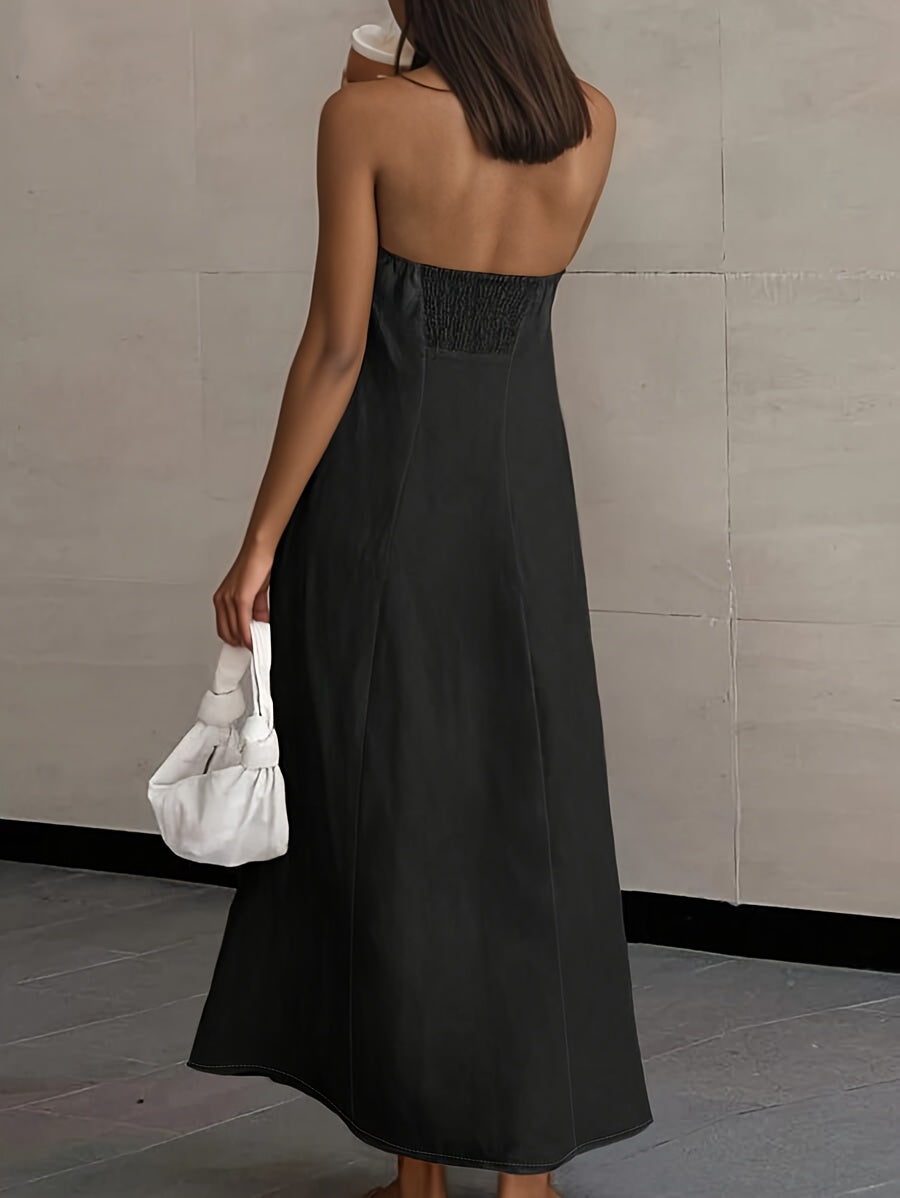 Backless strapless linen maxi dress in dark tone, with subtle patchwork seams
