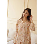Cotton Satin Romantic Adenium Obesum Printing Lapel Pajamas Suit