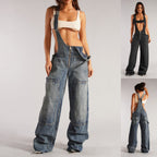 Light blue denim zipper overalls with bib, wide legs, adjustable suspender straps, pockets