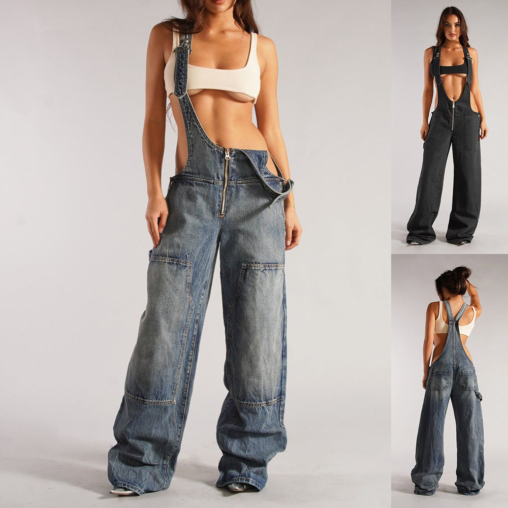 Light blue denim zipper overalls with bib, wide legs, adjustable suspender straps, pockets