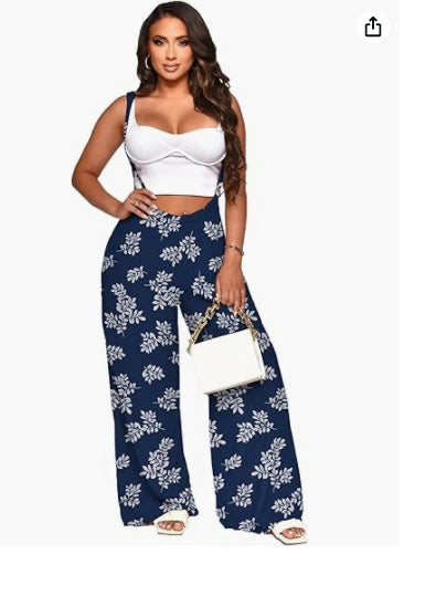 Women’s sleeveless jumpsuit in navy with white floral print, wide legs, elastic waist