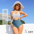 Women's cross one-piece swimsuit with striped white/gray top and blue high-waist bottom