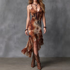 Sleeveless brown printed V-neck maxi dress with ruched bodice and ruffled asymmetrical hem
