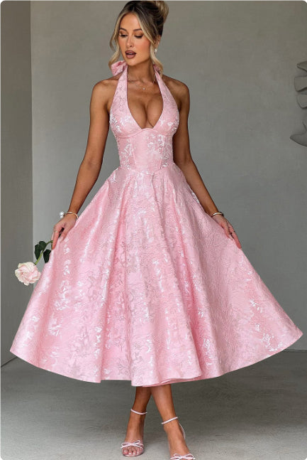 Pink V-neck halter sleeveless long dress with sparkly jacquard skirt