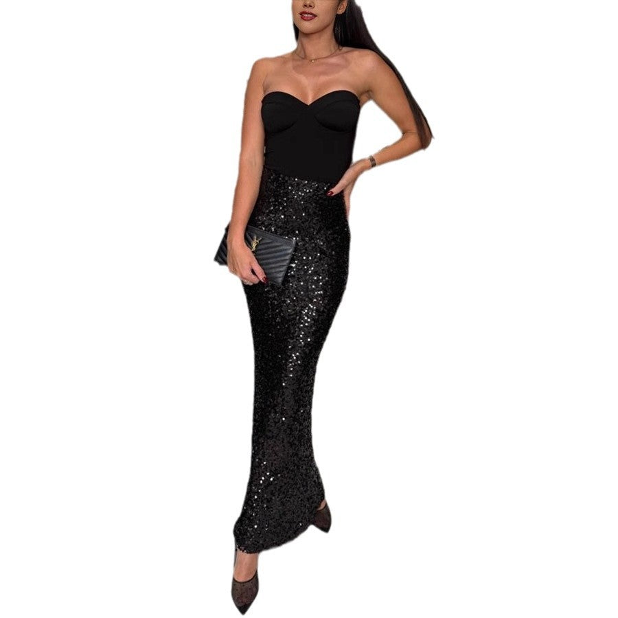 High-waist sequined midi skirt in black, fitted with elastic waistband and front slit