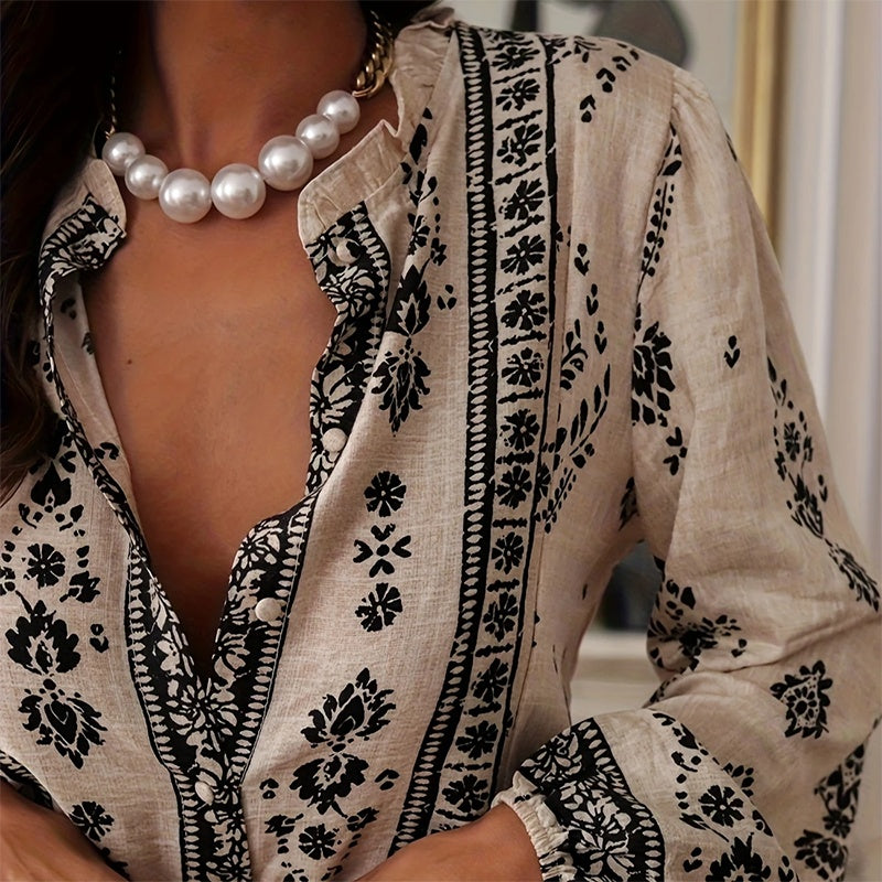 Women's Elegant Printed Blouse - Flowy Boho Shirt With Lantern Sleeves & Lace Trim, Vintage Ethnic Style Loose Top For Spring&Fall