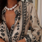 Women's Elegant Printed Blouse - Flowy Boho Shirt With Lantern Sleeves & Lace Trim, Vintage Ethnic Style Loose Top For Spring&Fall