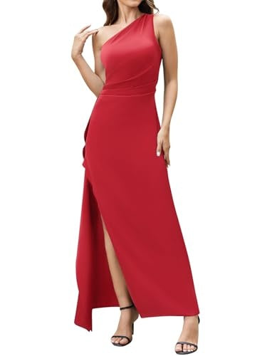 Red one-shoulder satin dress, slim-fit with pleated bust and side slit
