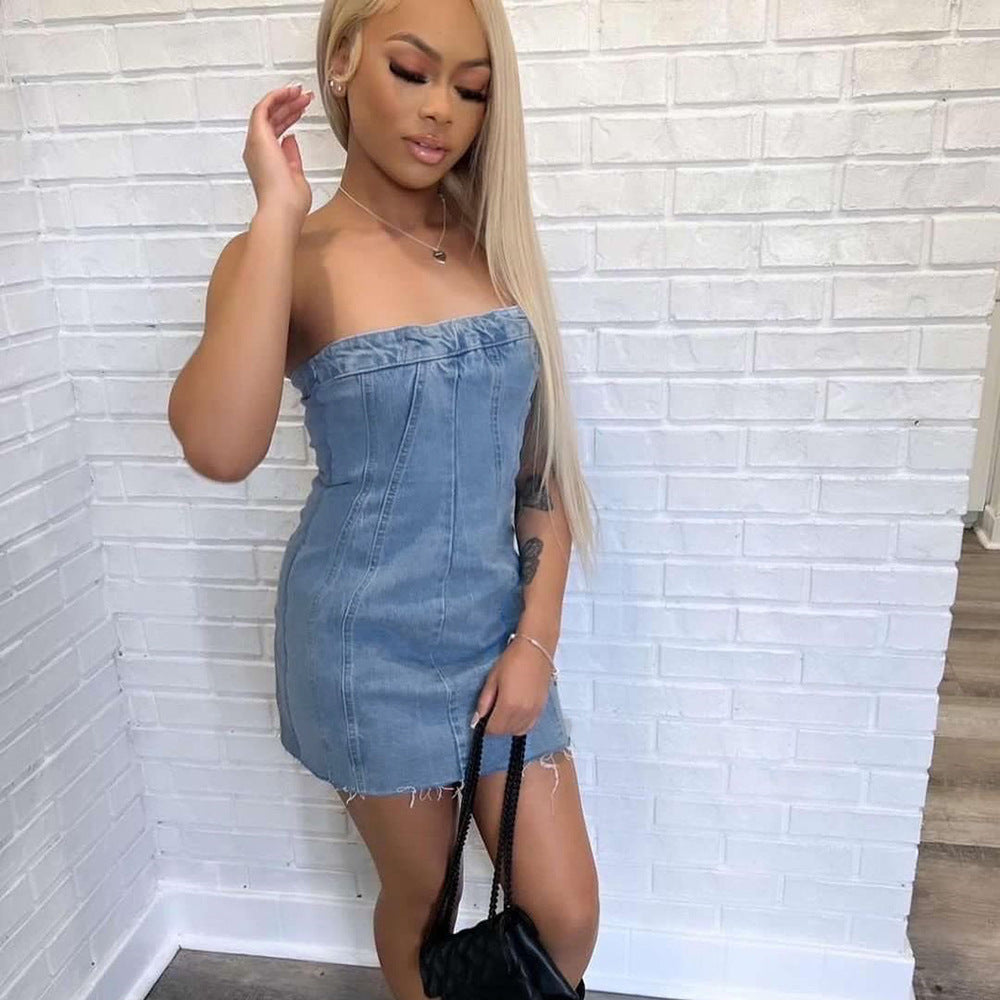 Light blue denim strapless mini dress with frayed hem and wrapped chest detail