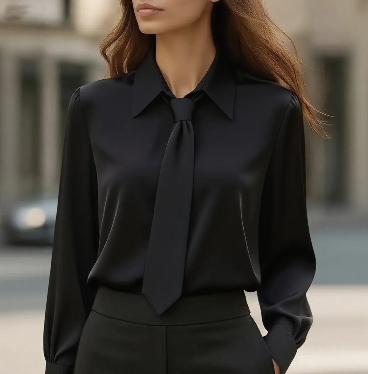 Black long-sleeve tie-front shirt with point collar and tied neck detail